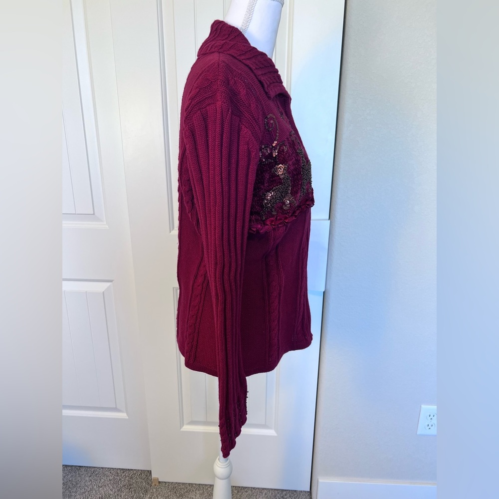 Vintage Storybook Knits Burgundy Sweater Sequin Deer Ribbon Zip up Sz Small - Picture 5 of 13